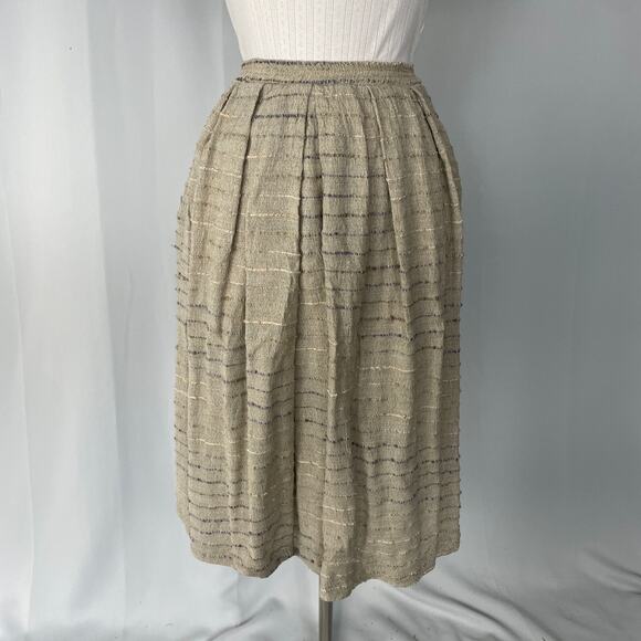 Vintage Midi Skirt Size Small Beige Tan Stripe Pleated Pull On Boho Lagenlook - Picture 2 of 13